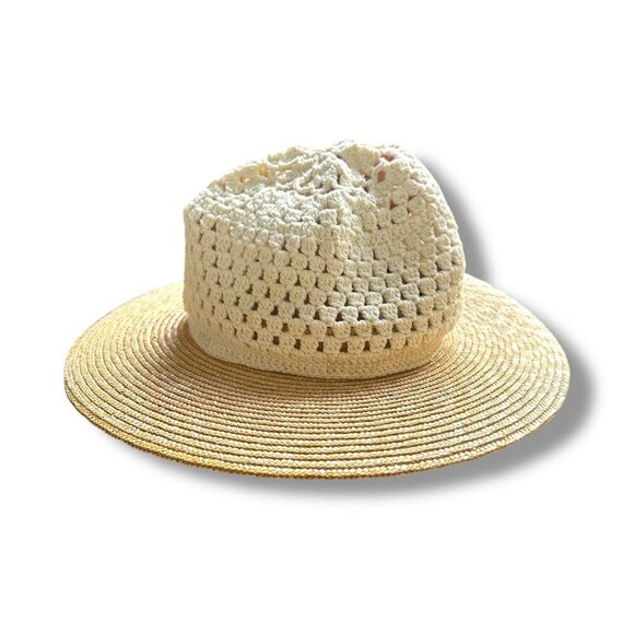 Vintage Liz Claiborne Crochet Beige Straw Brim Women's Sun Hat Summer Boho - Picture 1 of 9